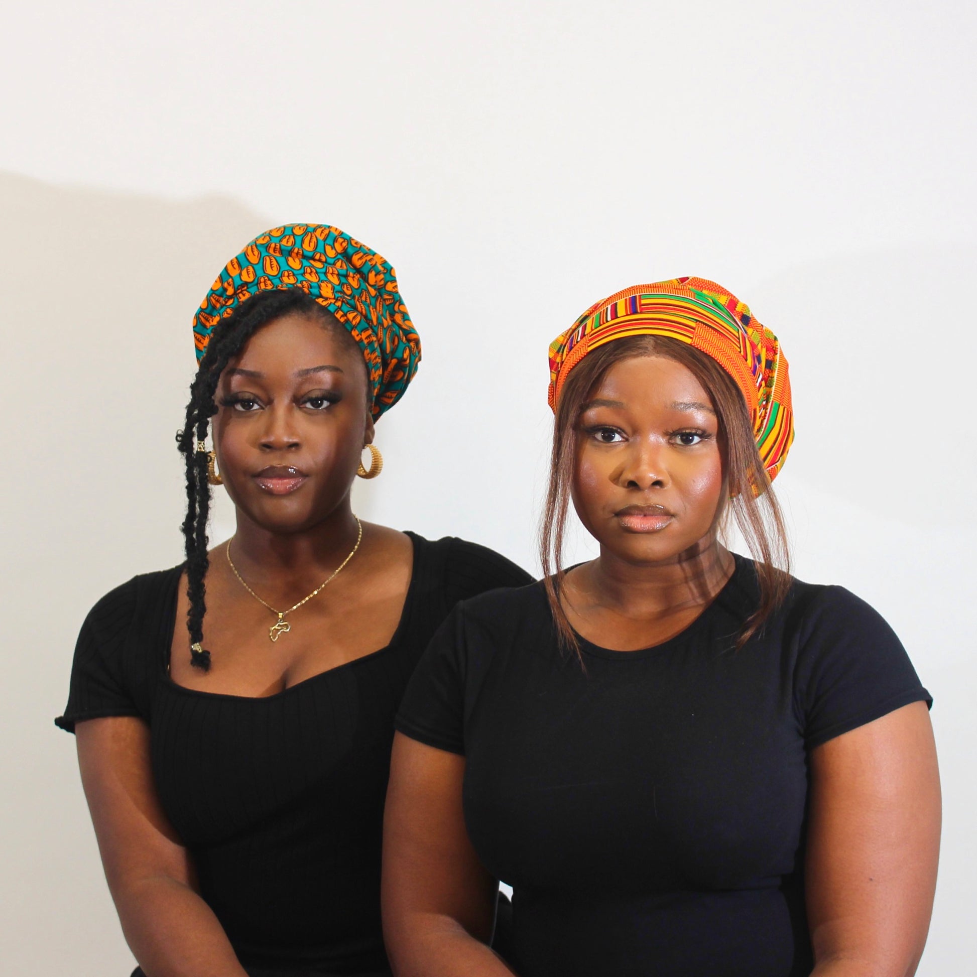 blue/orange headwrap (left) and kente headwrap (right)